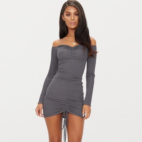 Charcoal Grey Long Sleeve Ruched Bodycon Dress